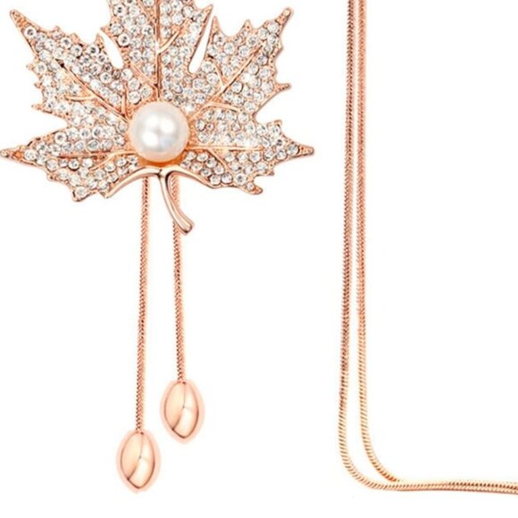Maple Leaf Adjustable Pendant Necklace Rose Gold Tone With Faux Pearl & Diamond - Picture 2 of 3